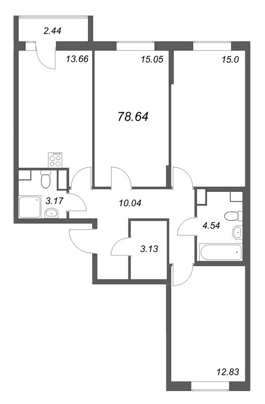 3-комнатная квартира, 78.64 м² в ЖК "Кинопарк" - планировка, фото №1