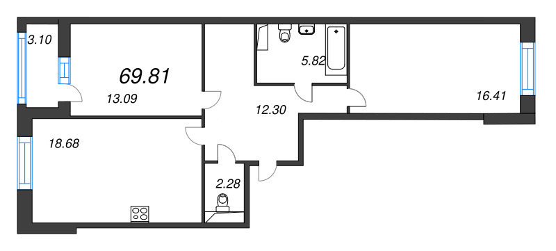 3-комнатная (Евро) квартира, 69.81 м² в ЖК "Аквилон Leaves" - планировка, фото №1
