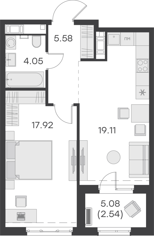 2-комнатная (Евро) квартира, 49.2 м² - планировка, фото №1