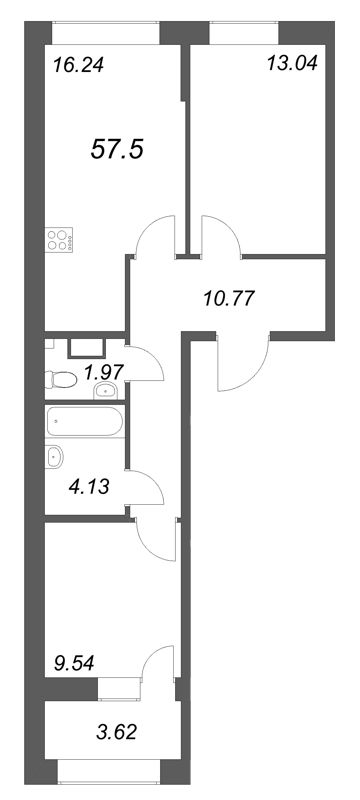 3-комнатная (Евро) квартира, 57.5 м² в ЖК "Аквилон Солар Парк" - планировка, фото №1
