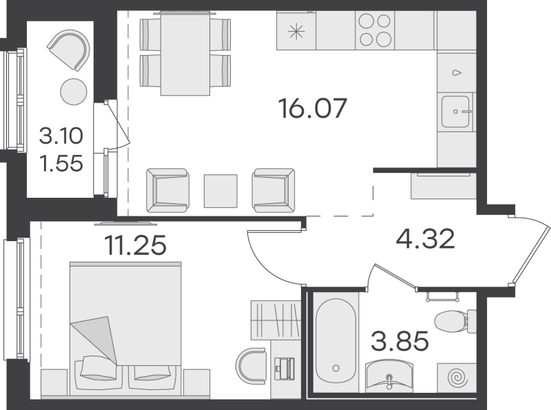 2-комнатная (Евро) квартира, 37.04 м² в ЖК "GloraX Парголово" - планировка, фото №1