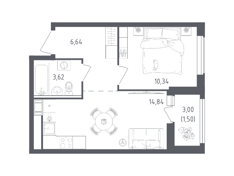 1-комнатная квартира, 36.94 м² в ЖК "Южная Нева" - планировка, фото №1