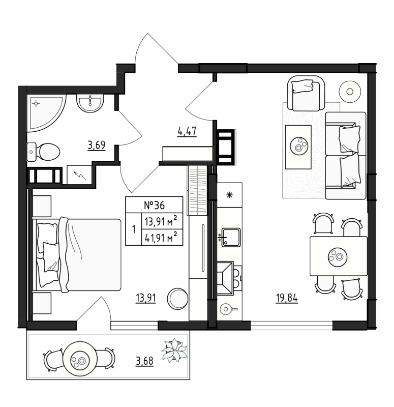 2-комнатная (Евро) квартира, 41.91 м² в ЖК "Верево Сити" - планировка, фото №1