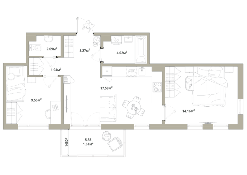 3-комнатная (Евро) квартира, 56.22 м² в ЖК "Тишин" - планировка, фото №1