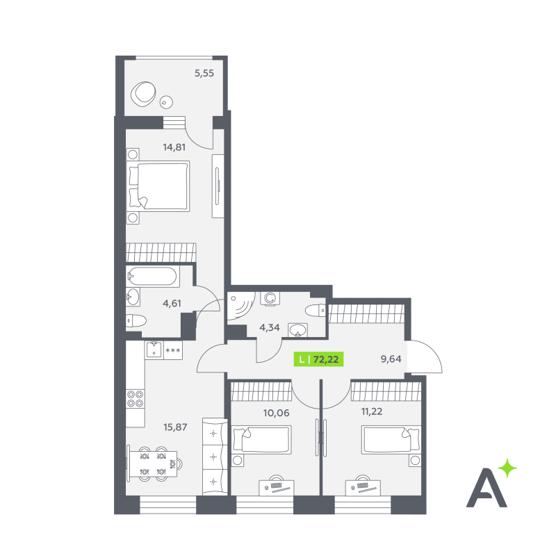 4-комнатная (Евро) квартира, 72.22 м² в ЖК "Аквилон РекаПарк" - планировка, фото №1