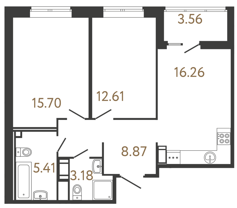 3-комнатная (Евро) квартира, 62.03 м² в ЖК "Ultra City 3.0" - планировка, фото №1