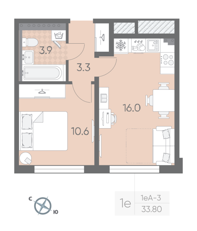2-комнатная (Евро) квартира, 33.8 м² в ЖК "Пулково Lake" - планировка, фото №1