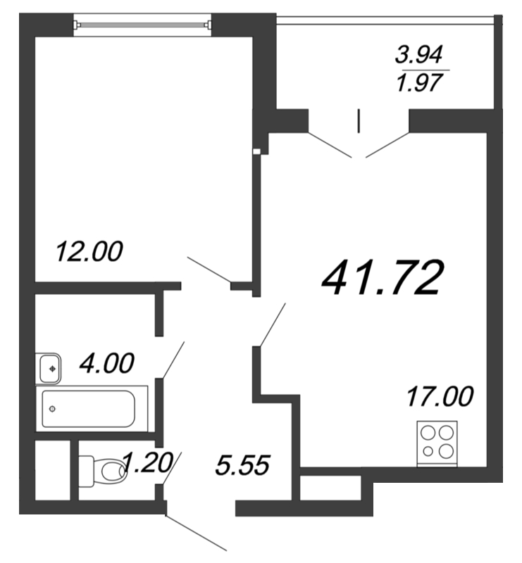 2-комнатная (Евро) квартира, 42.3 м² - планировка, фото №1