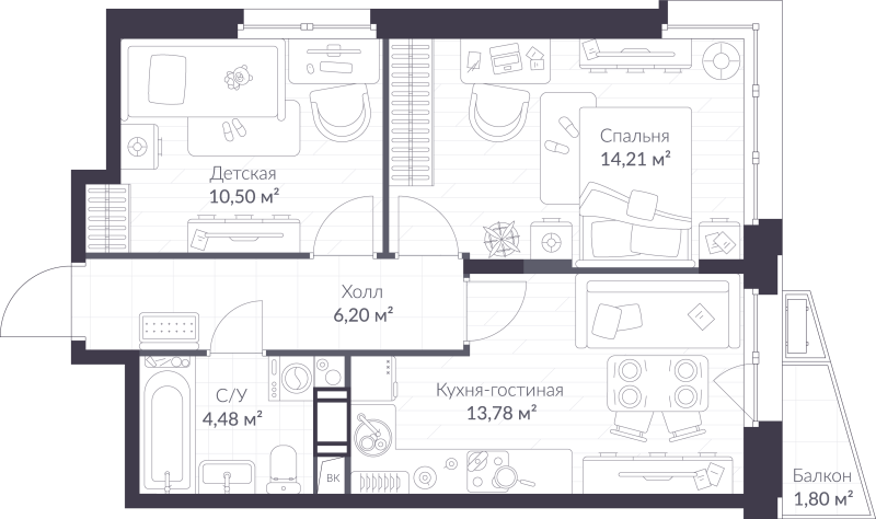 2-комнатная квартира, 49.71 м² в ЖК "ВЕРЕН НОРТ сертолово" - планировка, фото №1