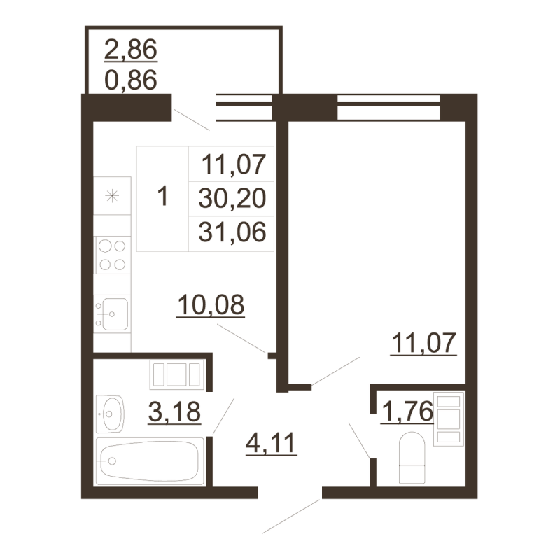1-комнатная квартира, 31.06 м² в ЖК "Перспектива" - планировка, фото №1