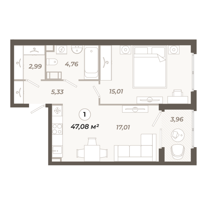 2-комнатная (Евро) квартира, 47.08 м² в ЖК "Знатный" - планировка, фото №1