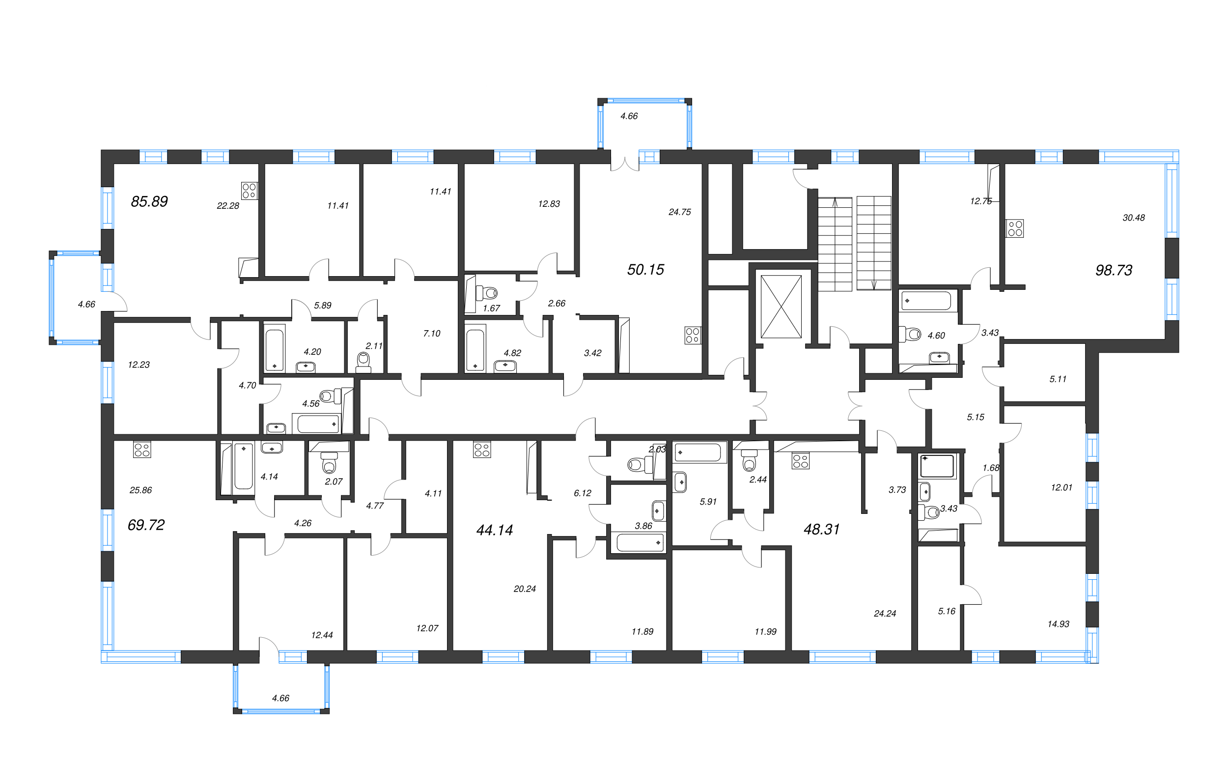 4-комнатная (Евро) квартира, 85.89 м² - планировка этажа