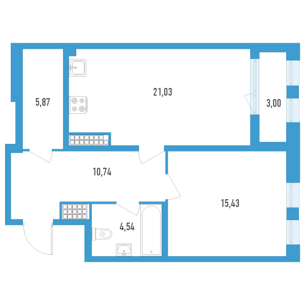 1-комнатная квартира, 59.11 м² - планировка, фото №1