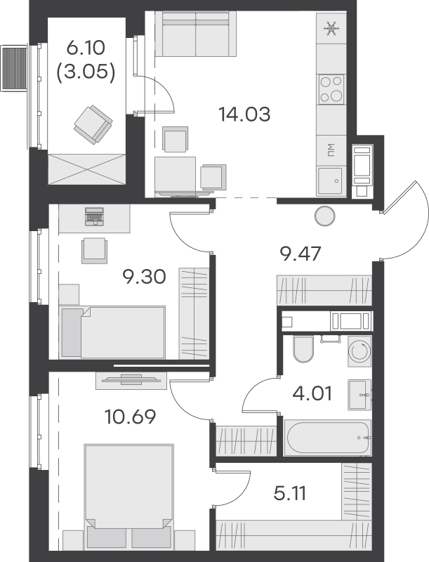 2-комнатная квартира, 55.66 м² - планировка, фото №1