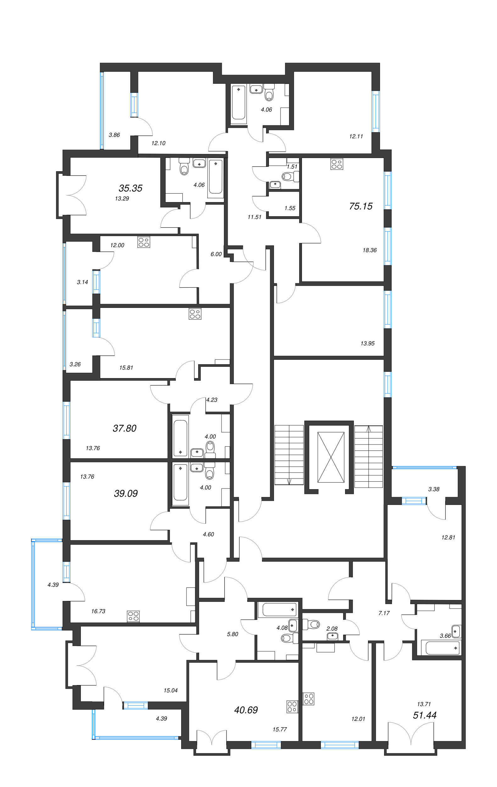 4-комнатная (Евро) квартира, 75.15 м² - планировка этажа