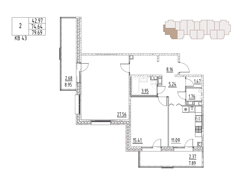 2-комнатная квартира, 79.69 м² в ЖК "Loft у озера" - планировка, фото №1