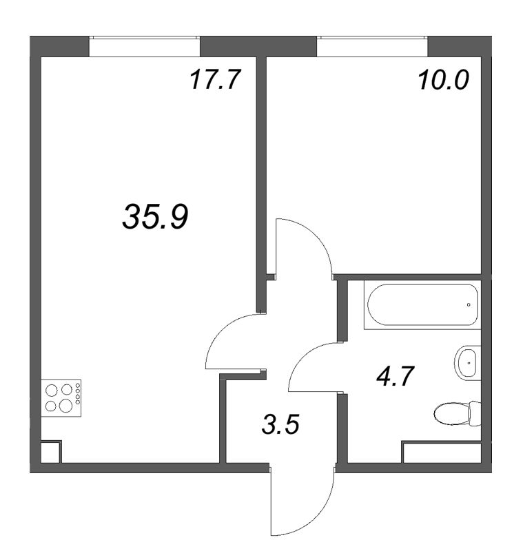 2-комнатная (Евро) квартира, 35.9 м² в ЖК "Пулково Lake" - планировка, фото №1