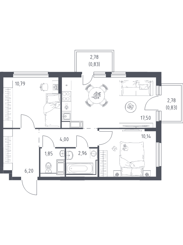 3-комнатная (Евро) квартира, 54.68 м² в ЖК "Новое Колпино" - планировка, фото №1