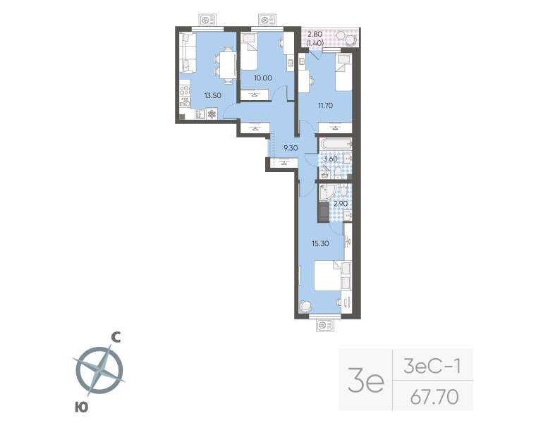 3-комнатная квартира, 67.7 м² в ЖК "Ручьи" - планировка, фото №1