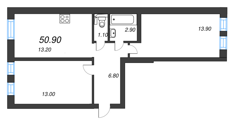 2-комнатная квартира, 50.9 м² в ЖК "Эко Квартал Нега" - планировка, фото №1