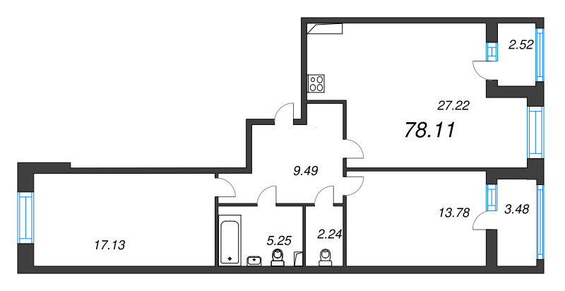 3-комнатная (Евро) квартира, 78.11 м² - планировка, фото №1
