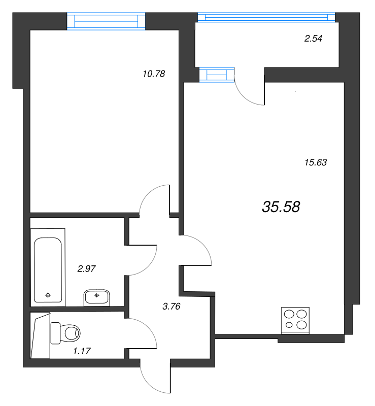2-комнатная (Евро) квартира, 35.58 м² - планировка, фото №1
