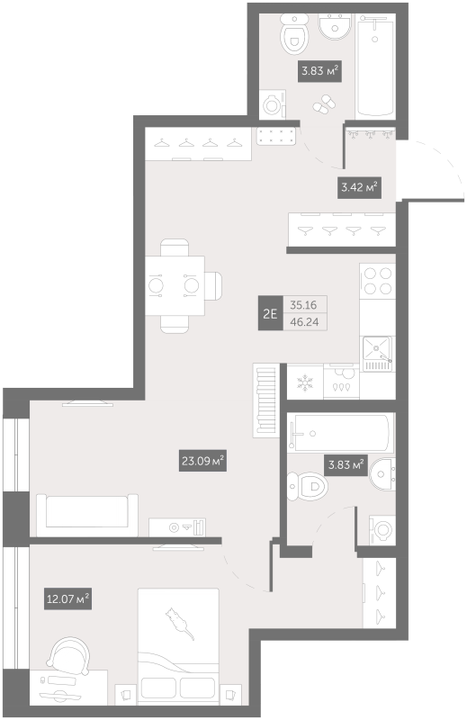2-комнатная (Евро) квартира, 48.1 м² в ЖК "Зум Чёрная Речка" - планировка, фото №1