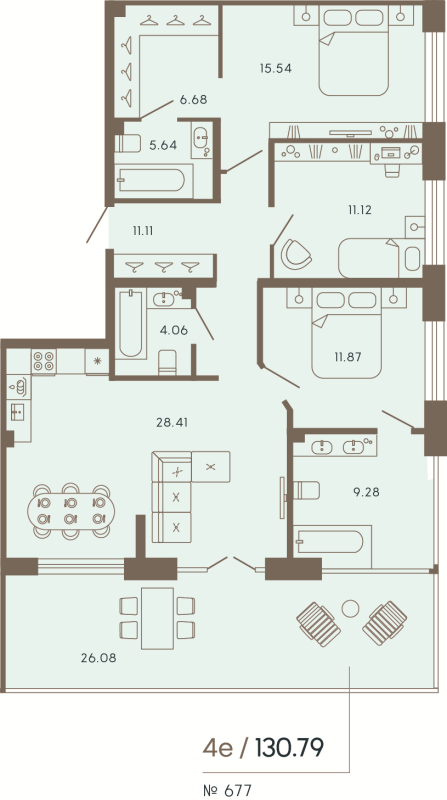 4-комнатная (Евро) квартира, 130.79 м² в ЖК "17/33 Петровский остров" - планировка, фото №1