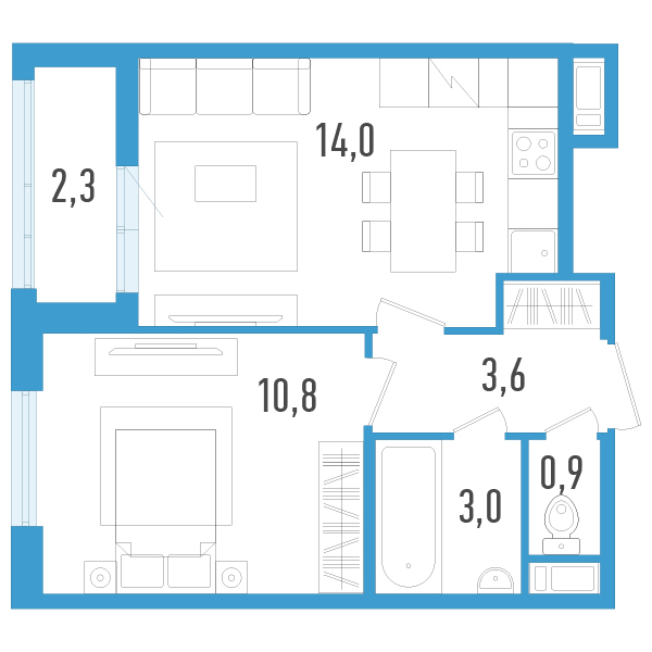 1-комнатная квартира, 33.5 м² - планировка, фото №1