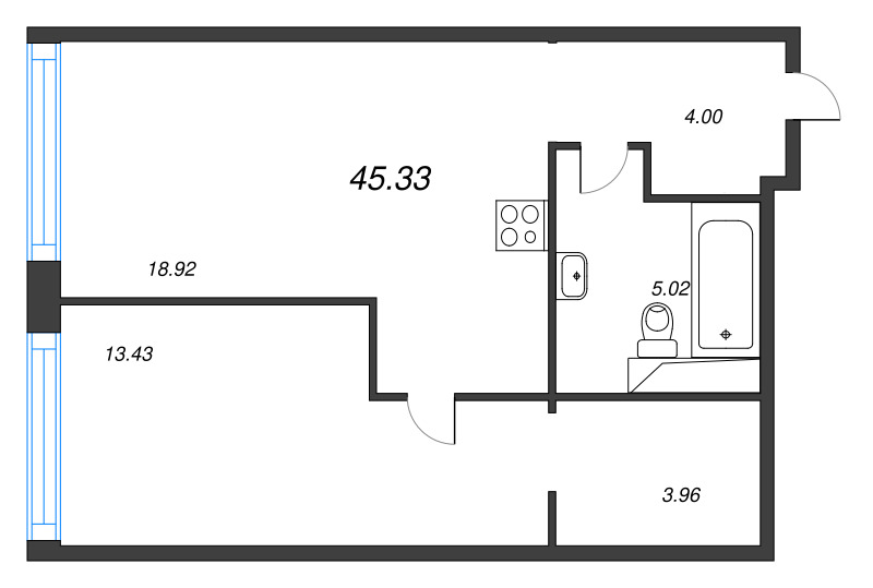 2-комнатная (Евро) квартира, 45.33 м² - планировка, фото №1
