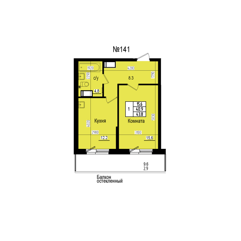 1-комнатная квартира, 43.8 м² в ЖК "ПРАГМА СИТИ" - планировка, фото №1