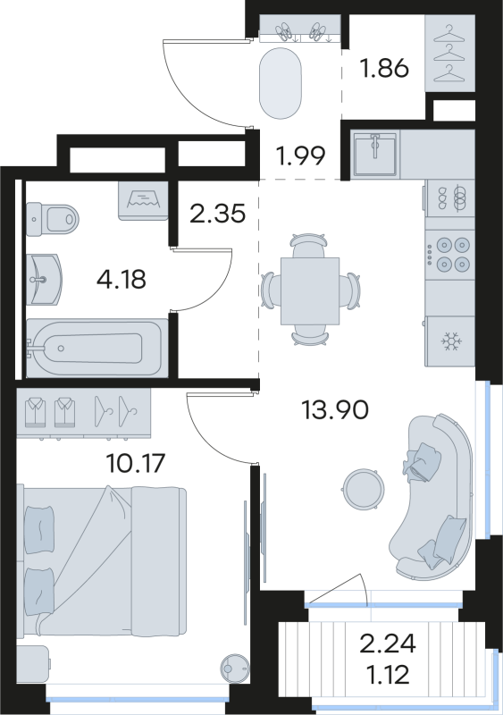 2-комнатная (Евро) квартира, 35.57 м² в ЖК "Новоселье" - планировка, фото №1