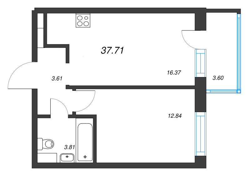 2-комнатная (Евро) квартира, 37.71 м² - планировка, фото №1