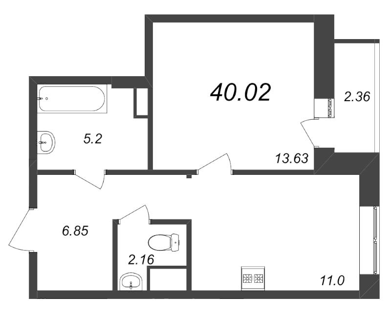 1-комнатная квартира, 40.02 м² - планировка, фото №1