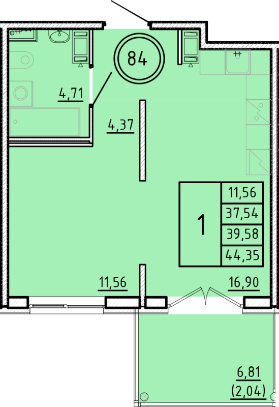 2-комнатная (Евро) квартира, 37.54 м² в ЖК "Образцовый квартал 16" - планировка, фото №1