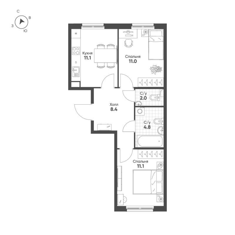 2-комнатная квартира, 48.4 м² в ЖК "Клюква.Парк" - планировка, фото №1