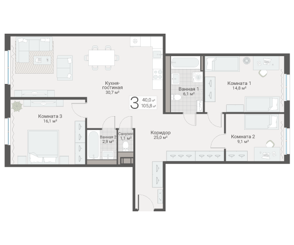 4-комнатная (Евро) квартира, 105.8 м² в ЖК "Руднева 15" - планировка, фото №1