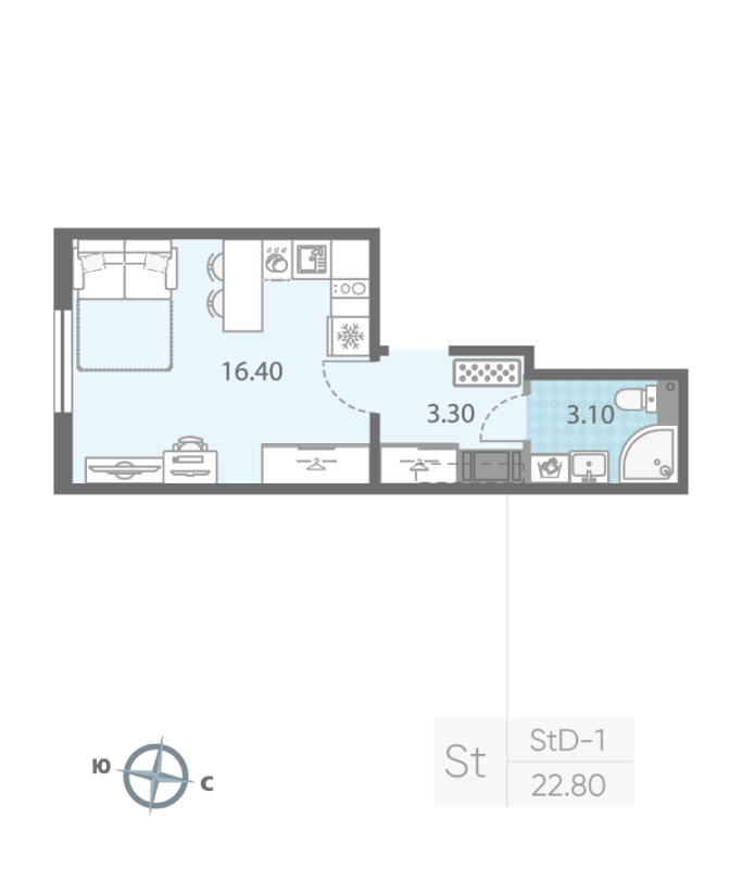 Квартира-студия, 22.8 м² - планировка, фото №1