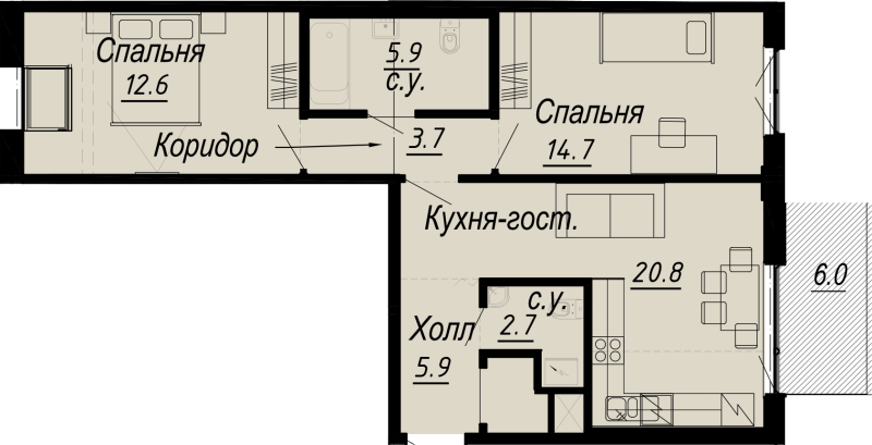 3-комнатная (Евро) квартира, 68.1 м² - планировка, фото №1