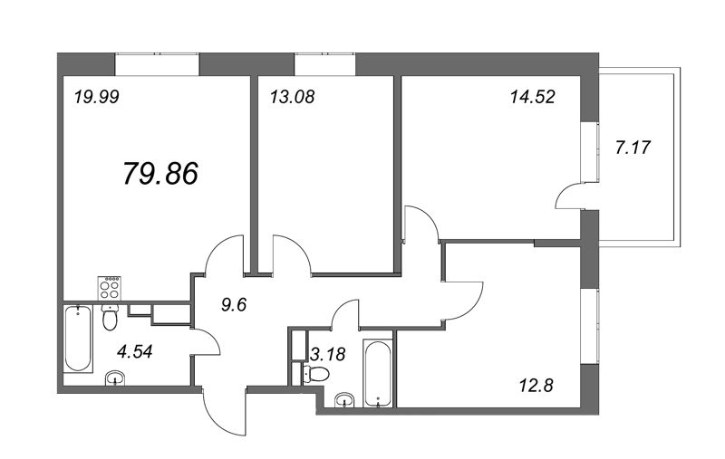 3-комнатная квартира, 79.86 м² - планировка, фото №1