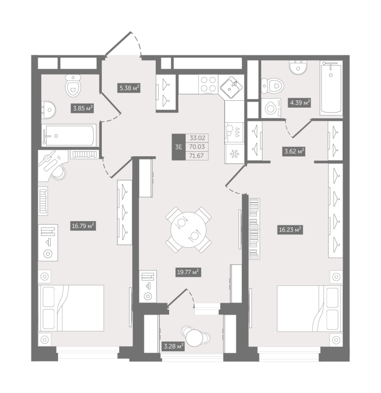 3-комнатная (Евро) квартира, 71.67 м² - планировка, фото №1