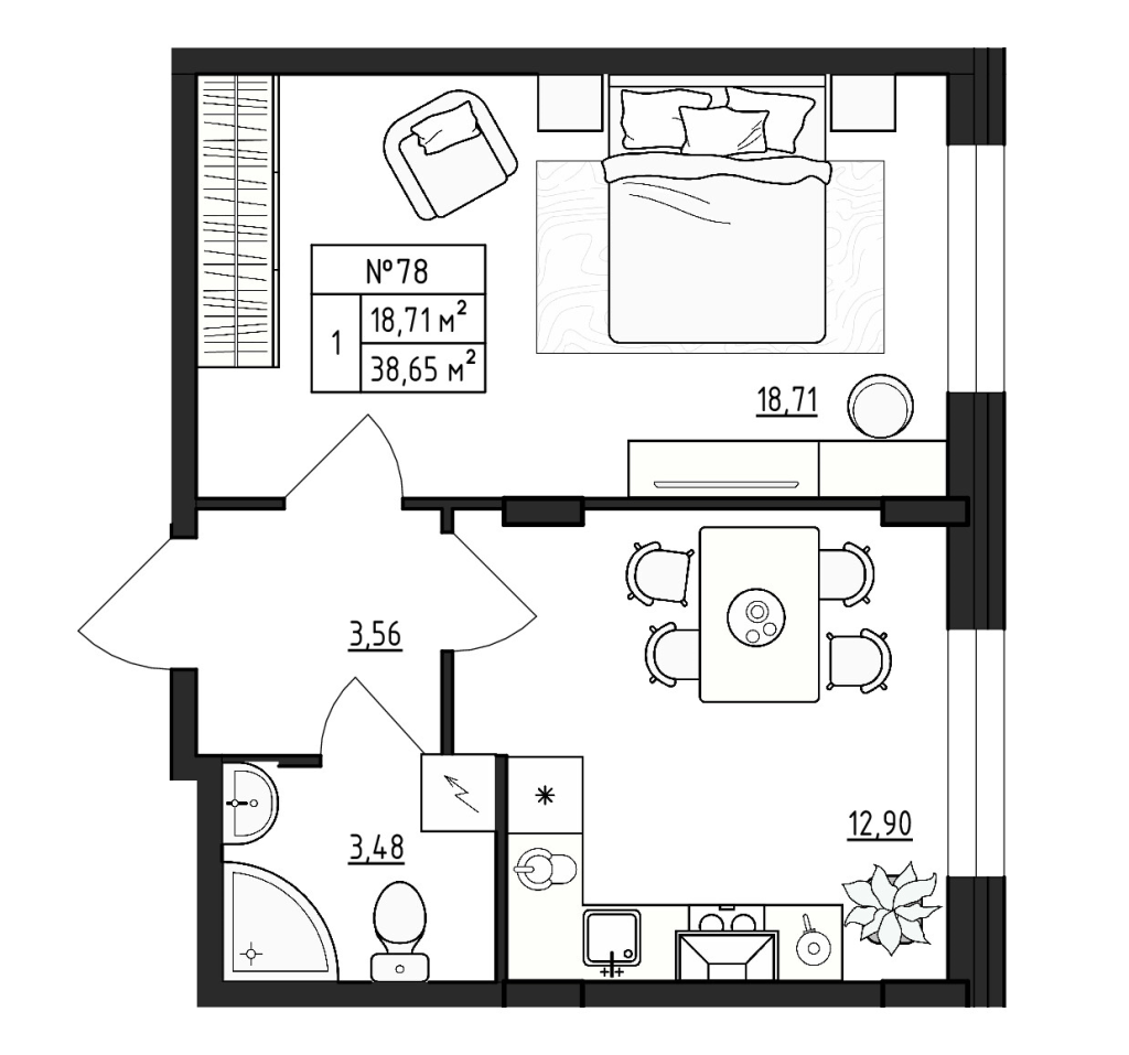 1-комнатная квартира, 38.65 м² в ЖК "Верево Сити" - планировка, фото №1