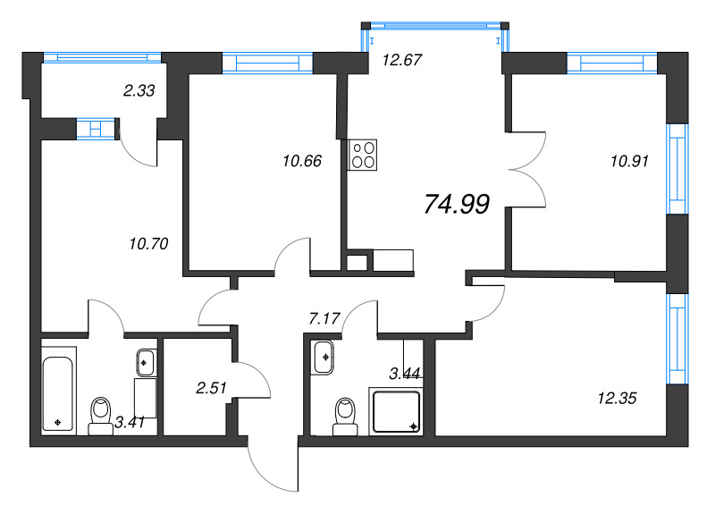 4-комнатная квартира, 74.99 м² - планировка, фото №1