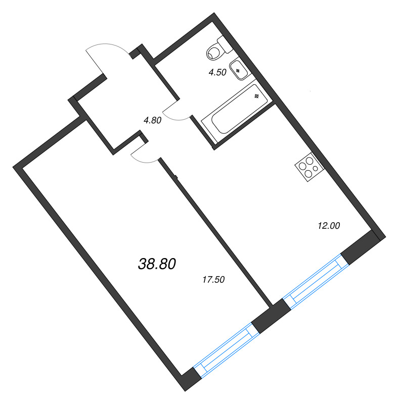 1-комнатная квартира, 38.8 м² в ЖК "Ягодное Река Парк" - планировка, фото №1