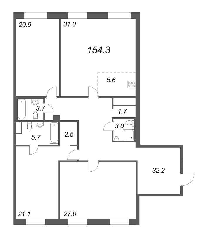 4-комнатная (Евро) квартира, 155.4 м² в ЖК "Neva Haus" - планировка, фото №1