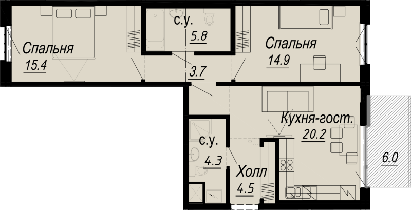 3-комнатная (Евро) квартира, 71.8 м² - планировка, фото №1