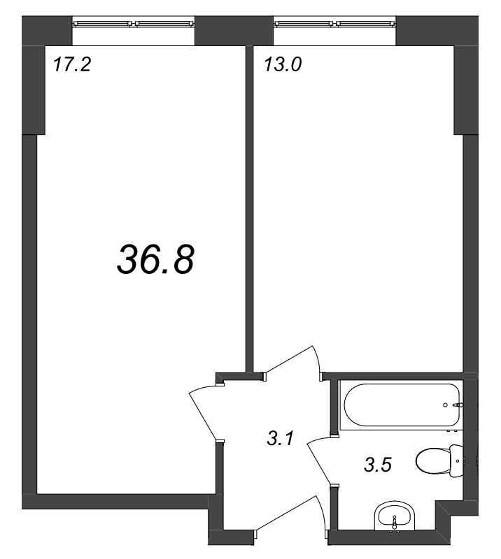 2-комнатная (Евро) квартира, 37.41 м² - планировка, фото №1