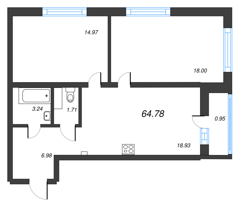 2-комнатная квартира, 64.78 м² - планировка, фото №1