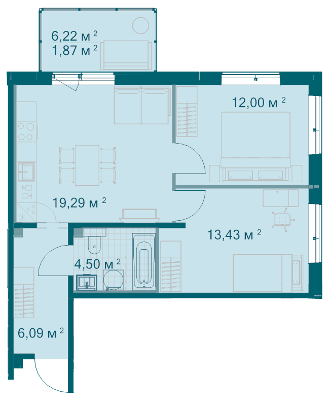 3-комнатная (Евро) квартира, 57.18 м² в ЖК "Grona Lund" - планировка, фото №1