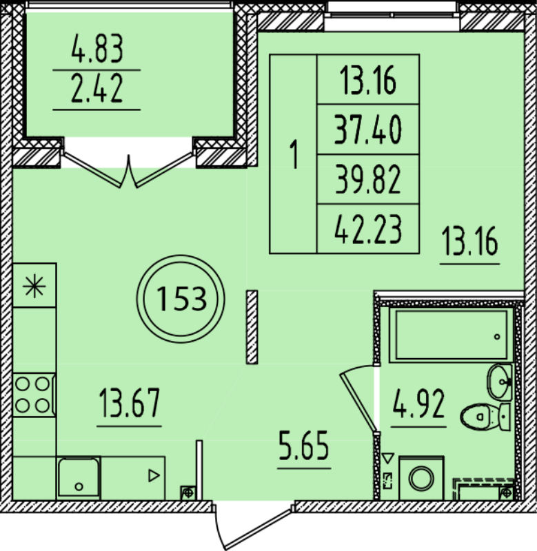 1-комнатная квартира, 37.4 м² в ЖК "Образцовый квартал 14" - планировка, фото №1